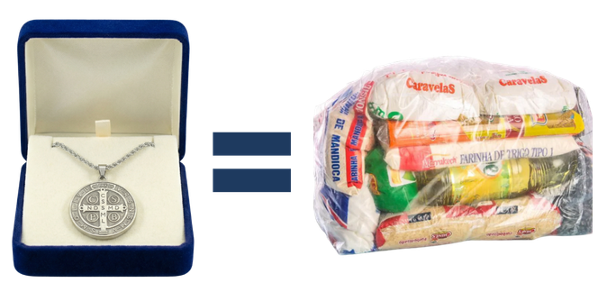 Sua doação: colar abençoado e alimento para famílias